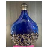 Cobalt Blue Flask With Ornate Metal Overlay