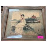 Framed Original Oriental Painting on Silk 1950s