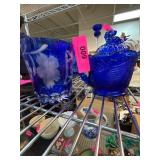 Cobalt Blue Glass Lot With Etched Designs