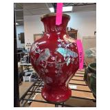 Korean Red Vase w Inlaid M.O.P. Bird Decor