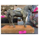 Metal Horse Sculpture on Wooden Base