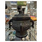 Chinese Metal Lidded Vessel with Animal Finial