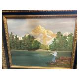 Framed Oil Painting of Fishing Scene