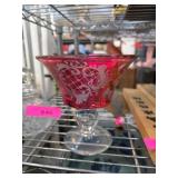 Etched Cranberry Glass Compote Dish