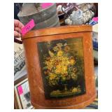 Wooden Wastebasket with Floral Design