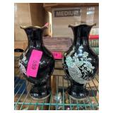 2pc Korean Black Floral Inlaid Vases