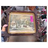 Framed Currier and Ives Print Homestead Winter
