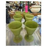 6 Green Glass Goblets with Pedestal Base