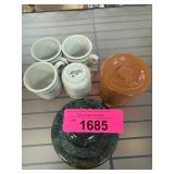 Marble Mortar, Crock, And Cafe Mugs Lot