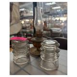 Whitall Tatum Glass Insulators and Oil Lamp
