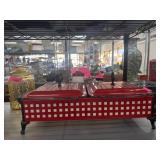 Red Metal Covered Dish with White Accents