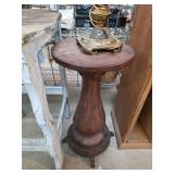 Wooden Pedestal Table and Brass Lamp