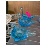 Three Blue Art Glass Swan Dishes