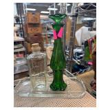 Green Glass Vase and Clear Bottle Set