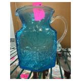 Blue Glass Pitcher with Clear Handle