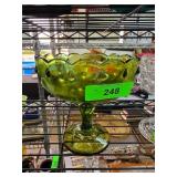 Green Glass Pedestal Bowl With Scalloped Edge