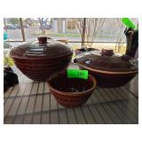 Brown Glazed Ceramic Bowls and Lidded Pots