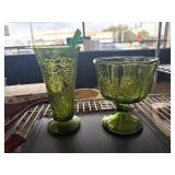 Green Glass Vase and Compote Set