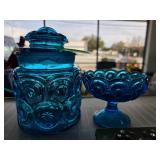 Blue Pressed Glass Canister and Pedestal Dish