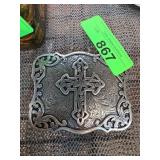 Engraved Metal Western Belt Buckle with Cross Desi