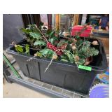 Black Bin With Holiday Decorations