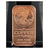 2011 .999 Fine Copper Bar with Liberty Design