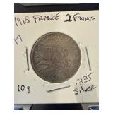 1918 France 2 Francs Silver Coin
