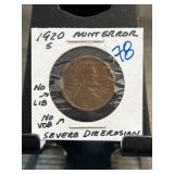 1920-S Lincoln Wheat Cent Mint Error