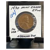 1930 Mint Error No VDB Lincoln Cent