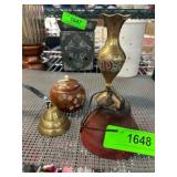 Brass bell and vase plus antique wooden trinket bo