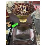 Decorative Bowl and Stack of Glass Plates Set