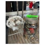 Ceramic Bird Figurine and Jar of Buttons and Trink