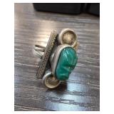 Silver Sz 6 Ring with Green Carved Stone