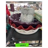 Red and White Ceramic Pie Dishes With Glass Jar