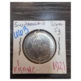1921 Switzerland Silver 1 Franc Coin
