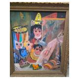 Framed Oil Painting Depicting Colorful Dolls