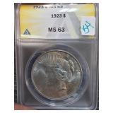 1923 Peace Dollar MS 63 Graded by ANACS