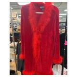 Red Velvet Duster With Feather Trim