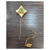 Gold-Tone Stick Pin with Green Stone and Pearl
