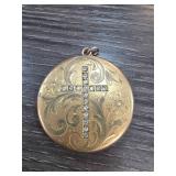 Large Gold Fill Locket with Rhinestone Cross