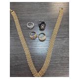 Gold-Tone Necklace and Assorted Rings