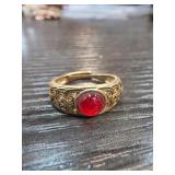 Gold-Tone Ring With Red Jade Stone Sz 6