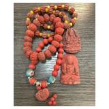 Red Bead Necklace and Buddhist Amulets Set