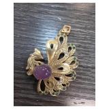 Gold-Tone Peacock Pendant With Jade Accent