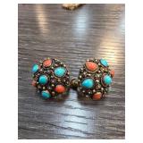 Silver Screw-Back Earrings With Turquoise and Cora