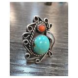 Sterling Silver Ring with Turquoise and Coral