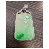 Carved Green Jade Pendant With Metal Frame