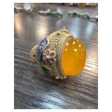 Gold-Plated Jade Ring with Enamel Floral Details