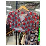 Red and Black Patterned Puff Sleeve Blouse