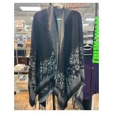 Black and Gray Fringed Open-Front Poncho